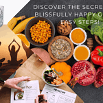 Collage featuring a woman eating salad, two people doing yoga, and a variety of healthy foods like fruits and vegetables. A diet plan document and a glass of water complete the scene. Text reads: "Discover the secrets to a blissfully healthy gut in 4 easy steps!